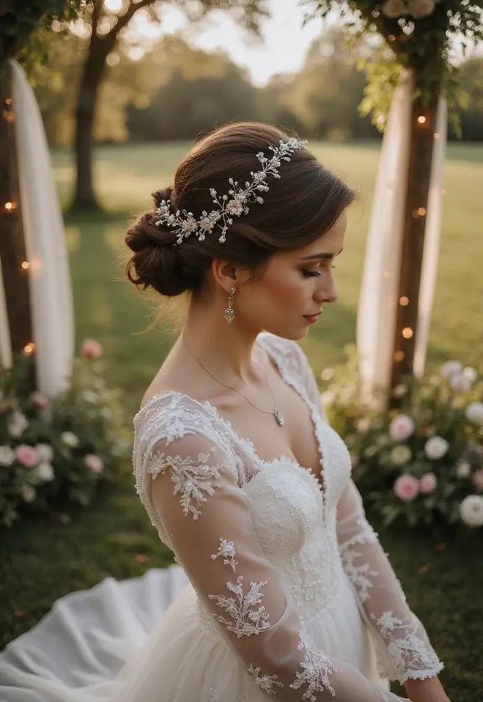30 Low Bun Wedding Hairstyles That Look Effortlessly Chic 7 30 Low Bun Wedding Hairstyles That Look Effortlessly Chic - 7. Twisted Low Bun with Hair Vine