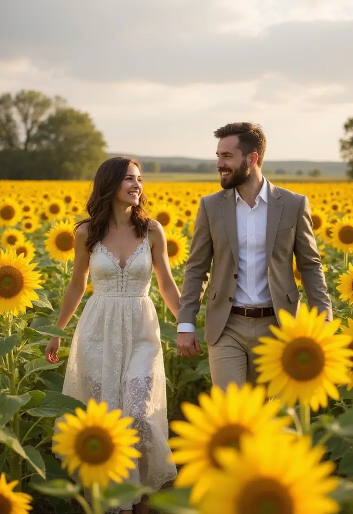 30 Outdoor Pre-Wedding Photoshoot Ideas That Feel Natural and Candid - 2. Sunflower Field Magic