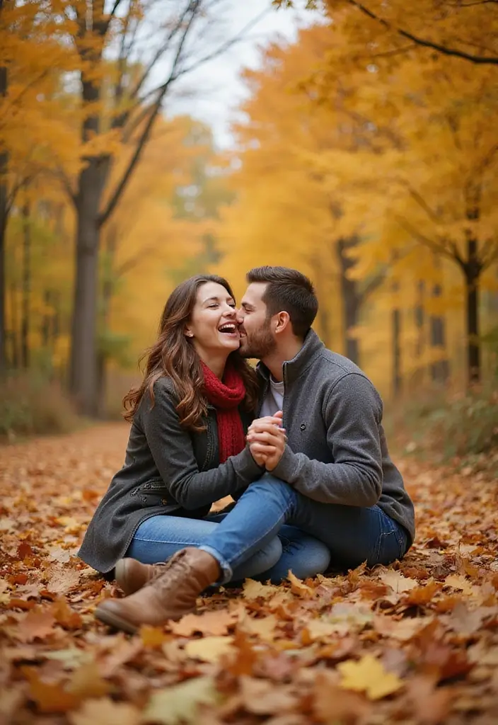 30 Outdoor Pre-Wedding Photoshoot Ideas That Feel Natural and Candid - 21. Autumn Leaves Adventure