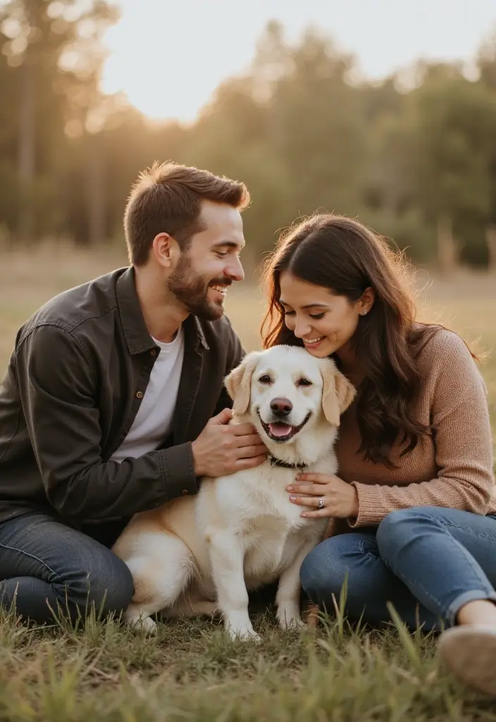 30 Outdoor Pre-Wedding Photoshoot Ideas That Feel Natural and Candid - 23. Heartfelt Family Pet Inclusion