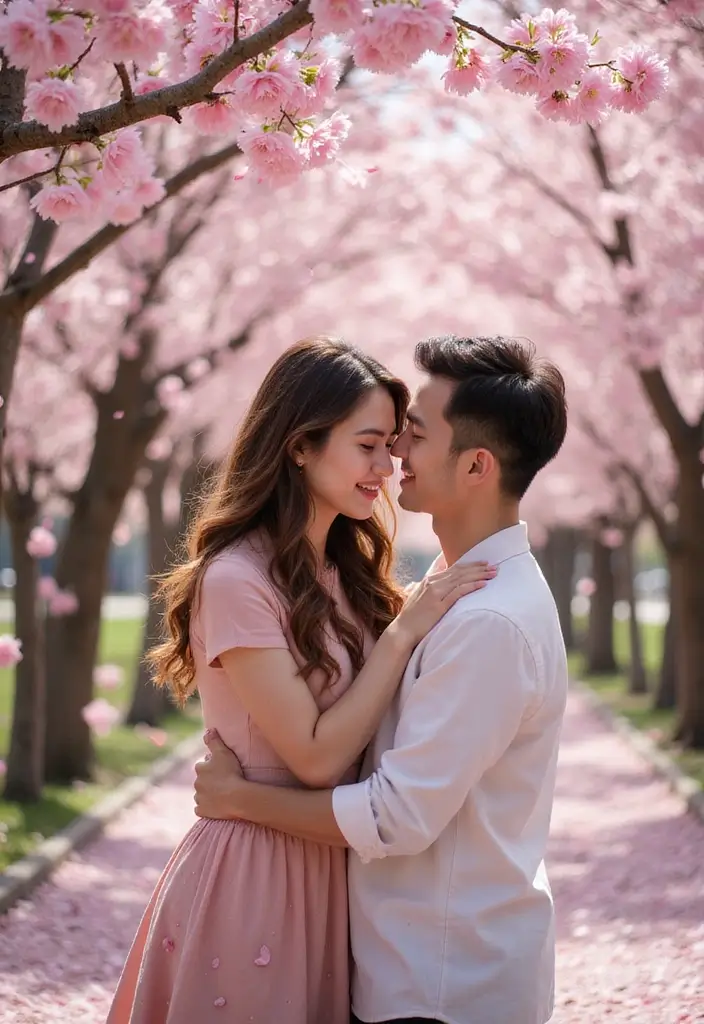 30 Outdoor Pre-Wedding Photoshoot Ideas That Feel Natural and Candid - 25. Spring Blossom Magic