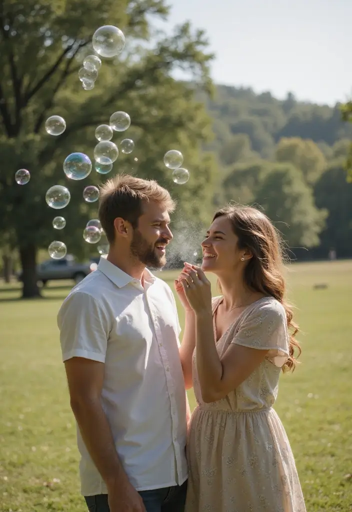 30 Outdoor Pre-Wedding Photoshoot Ideas That Feel Natural and Candid - 27. Fun with Bubbles