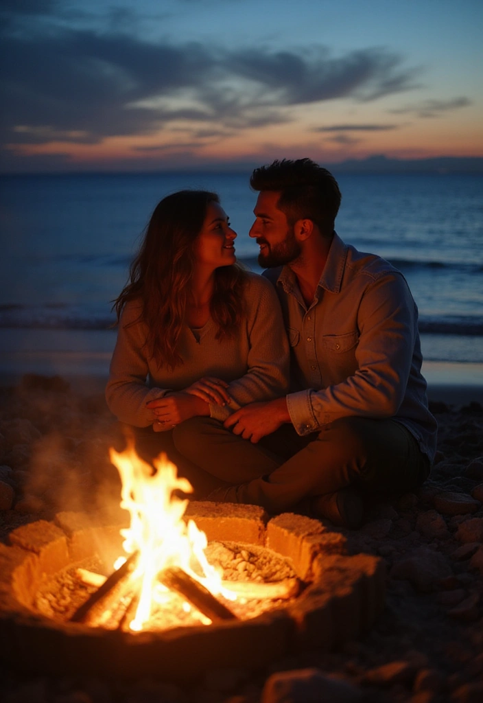 30 Outdoor Pre-Wedding Photoshoot Ideas That Feel Natural and Candid - 28. Seaside Bonfire