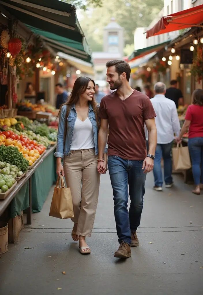 30 Outdoor Pre-Wedding Photoshoot Ideas That Feel Natural and Candid - 29. Charming Farmer’s Market