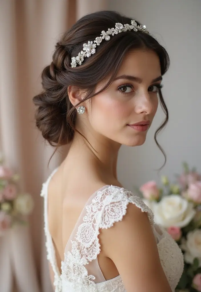 30 Romantic Hair Ideas Perfect for Any Bride’s Wedding Day 15 30 Romantic Hair Ideas Perfect for Any Bride’s Wedding Day - 15. Sparkling Headband Updo