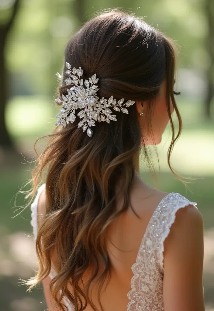 30 Romantic Hair Ideas Perfect for Any Bride’s Wedding Day 17 30 Romantic Hair Ideas Perfect for Any Bride’s Wedding Day - 17. Decorative Hair Pins with Loose Waves