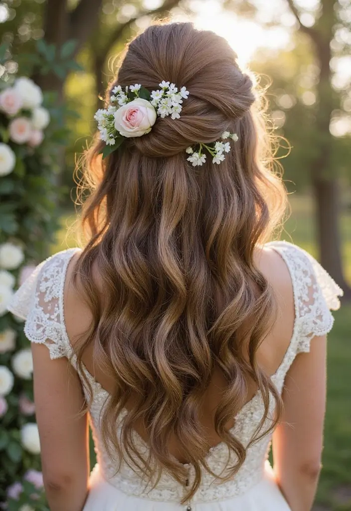 30 Romantic Hair Ideas Perfect for Any Bride’s Wedding Day 20 30 Romantic Hair Ideas Perfect for Any Bride’s Wedding Day - 20. Cascading Curls with a Floral Twist