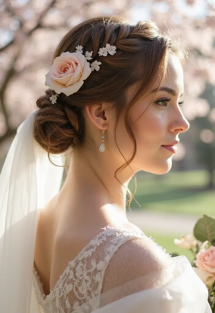 30 Romantic Hair Ideas Perfect for Any Bride’s Wedding Day 23 30 Romantic Hair Ideas Perfect for Any Bride’s Wedding Day - 23. Twisted Ponytail with Flowers