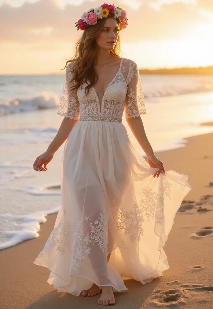 30 Romantic Hair Ideas Perfect for Any Bride’s Wedding Day 27 30 Romantic Hair Ideas Perfect for Any Bride’s Wedding Day - 27. Soft Beach Waves with a Flower Crown