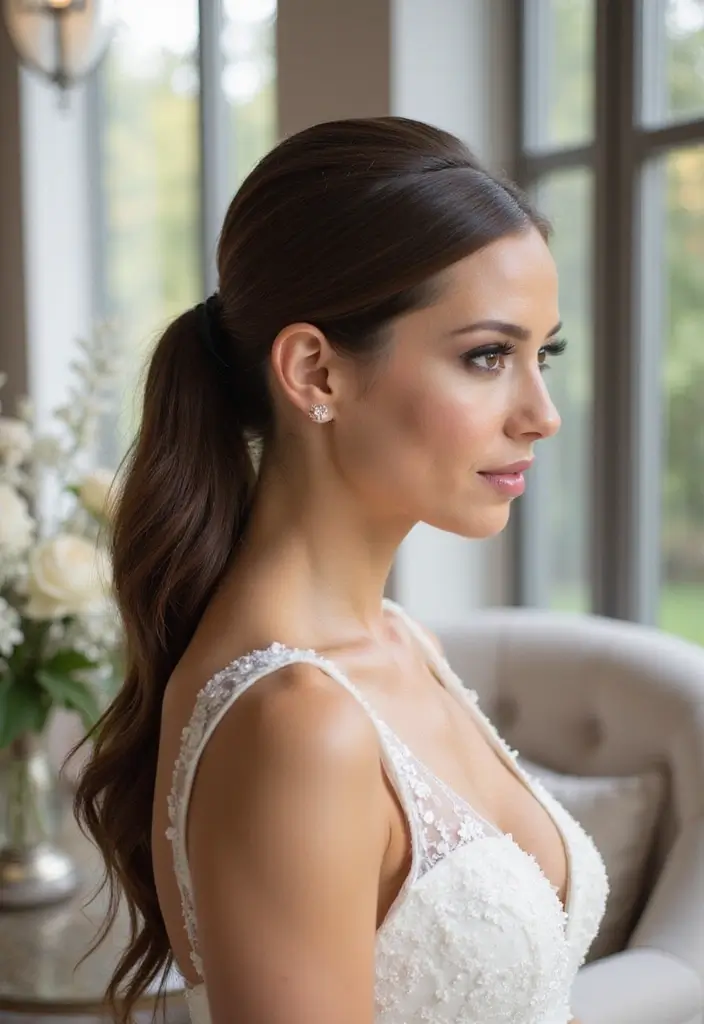 30 Romantic Hair Ideas Perfect for Any Bride’s Wedding Day 7 30 Romantic Hair Ideas Perfect for Any Bride’s Wedding Day - 7. Sleek High Ponytail