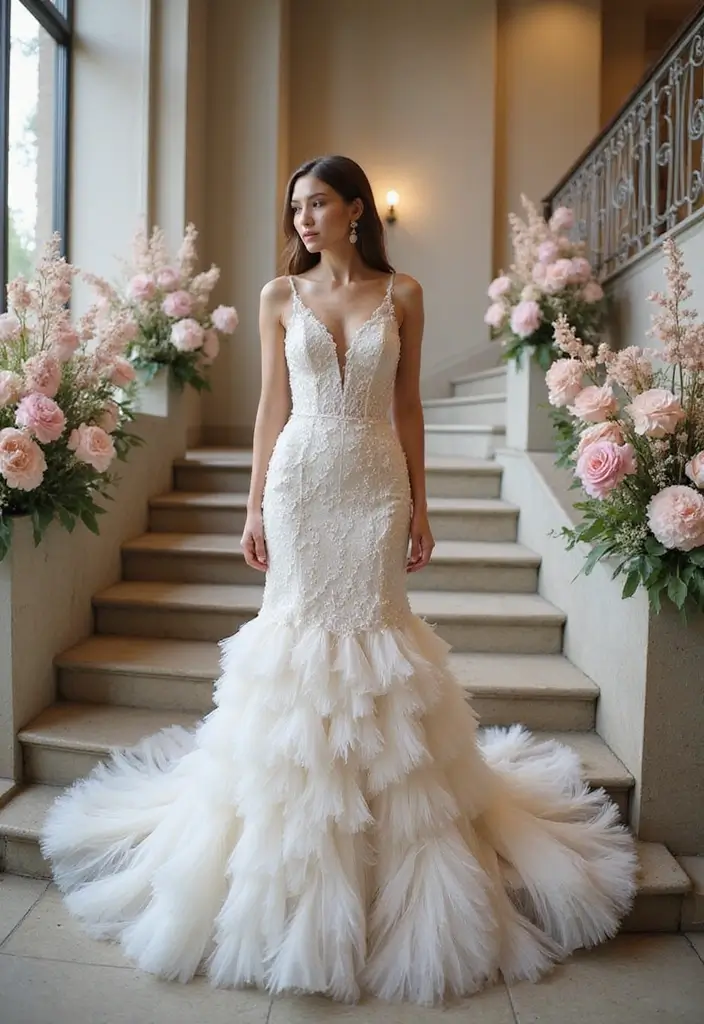 30 Romantic Wedding Dresses That Feel Straight Out of a Dream - 10. Feathered Delight