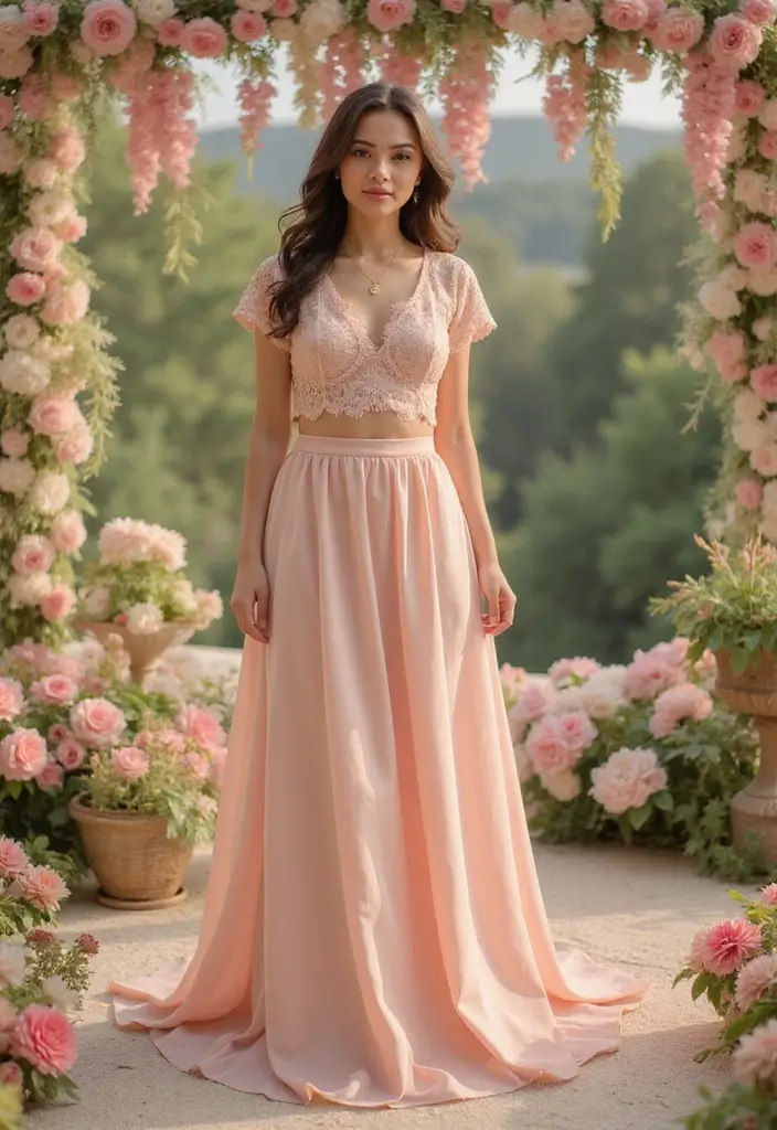 30 Stylish Indian Wedding Guest Outfits You’ll Want to Wear - 28. Elegant Long Skirt and Crop Top