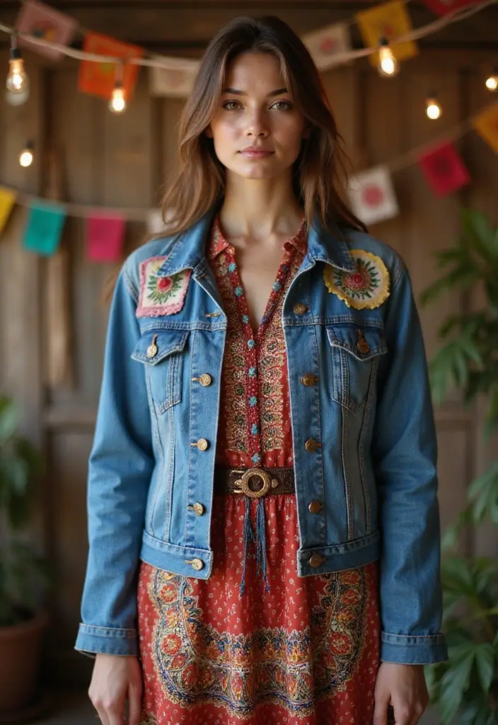 30 Stylish Indian Wedding Guest Outfits You’ll Want to Wear - 5. Upcycled Denim Jacket Over a Dress