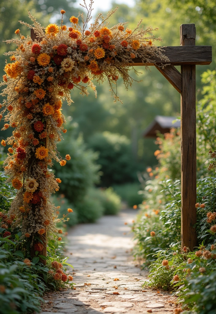30 Wedding Arch Ideas That Set the Perfect Backdrop for Vows - 1. Rustic Wooden Arch with Dried Flowers