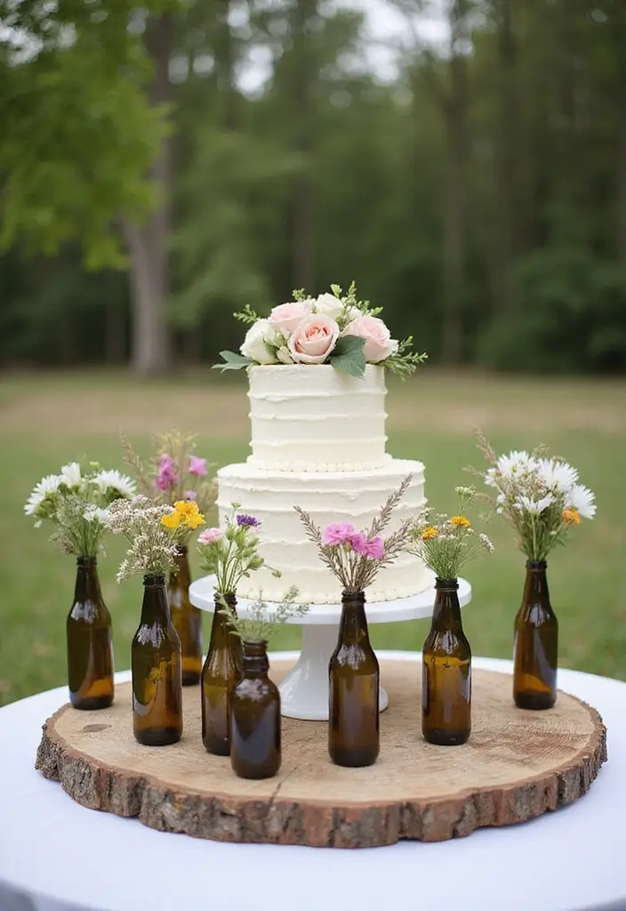30 Wedding Cake Table Decorations That Make a Statement 10 30 Wedding Cake Table Decorations That Make a Statement - 10. Rustic Bottle Vases