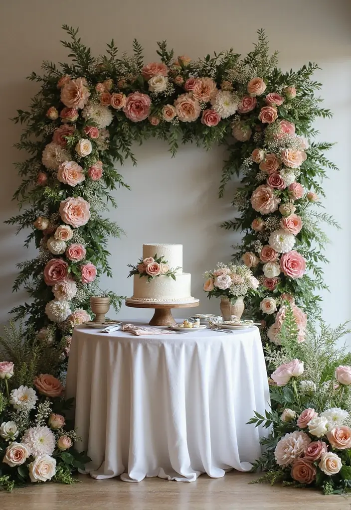 30 Wedding Cake Table Decorations That Make a Statement 2 30 Wedding Cake Table Decorations That Make a Statement - 2. Floral Backdrop