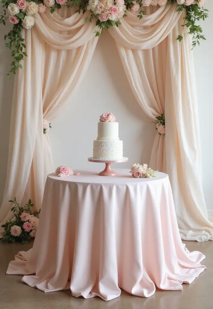 30 Wedding Cake Table Decorations That Make a Statement 22 30 Wedding Cake Table Decorations That Make a Statement - 22. Soft Drapery