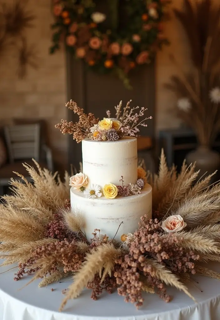 30 Wedding Cake Table Decorations That Make a Statement 26 30 Wedding Cake Table Decorations That Make a Statement - 26. Dried Flowers and Grasses