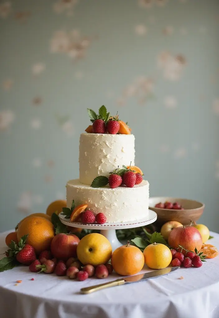 30 Wedding Cake Table Decorations That Make a Statement 29 30 Wedding Cake Table Decorations That Make a Statement - 29. Seasonal Fruits Display