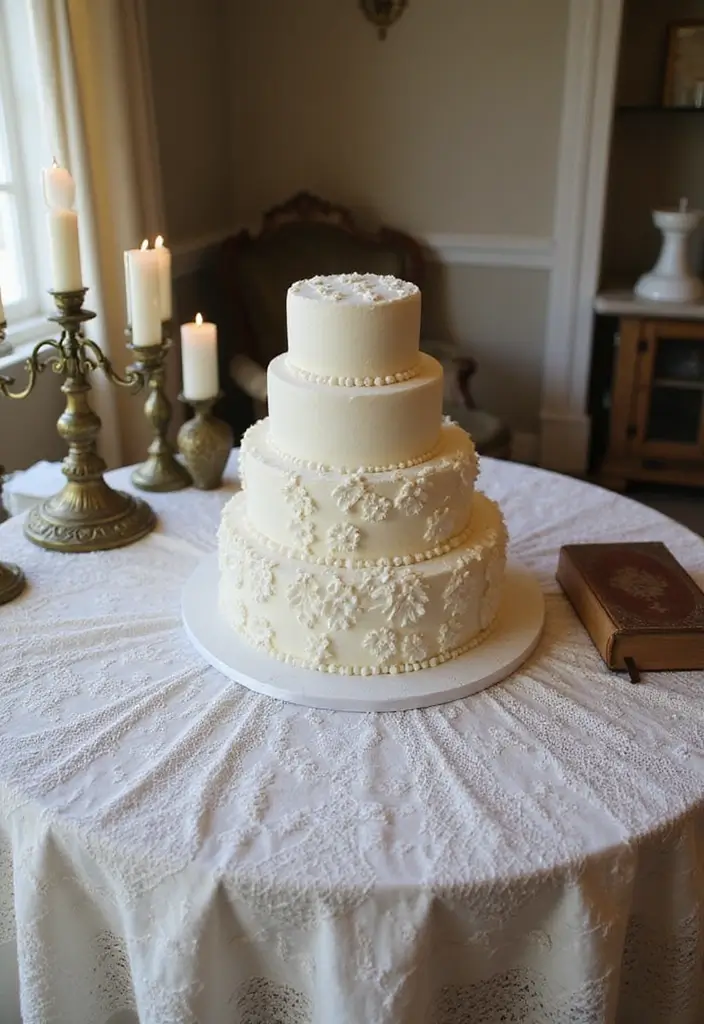 30 Wedding Cake Table Decorations That Make a Statement 3 30 Wedding Cake Table Decorations That Make a Statement - 3. Vintage Lace Tablecloth