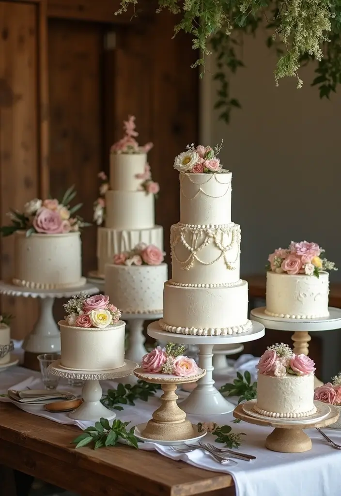 30 Wedding Cake Table Decorations That Make a Statement 6 30 Wedding Cake Table Decorations That Make a Statement - 6. Mix and Match Cake Stands