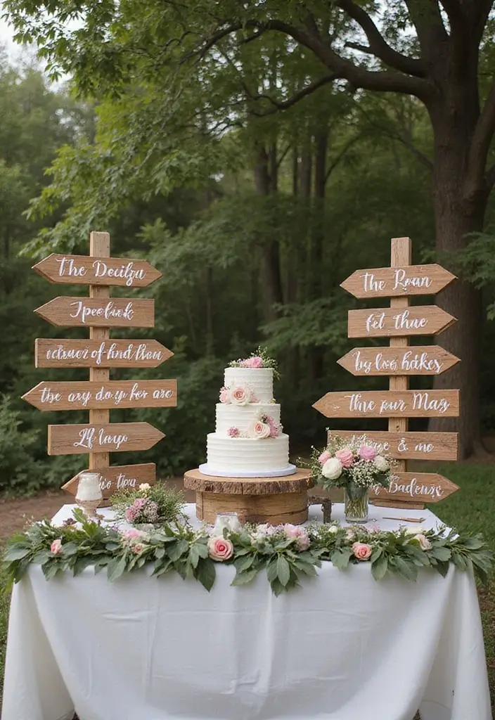 30 Wedding Cake Table Decorations That Make a Statement 7 30 Wedding Cake Table Decorations That Make a Statement - 7. Rustic Signage