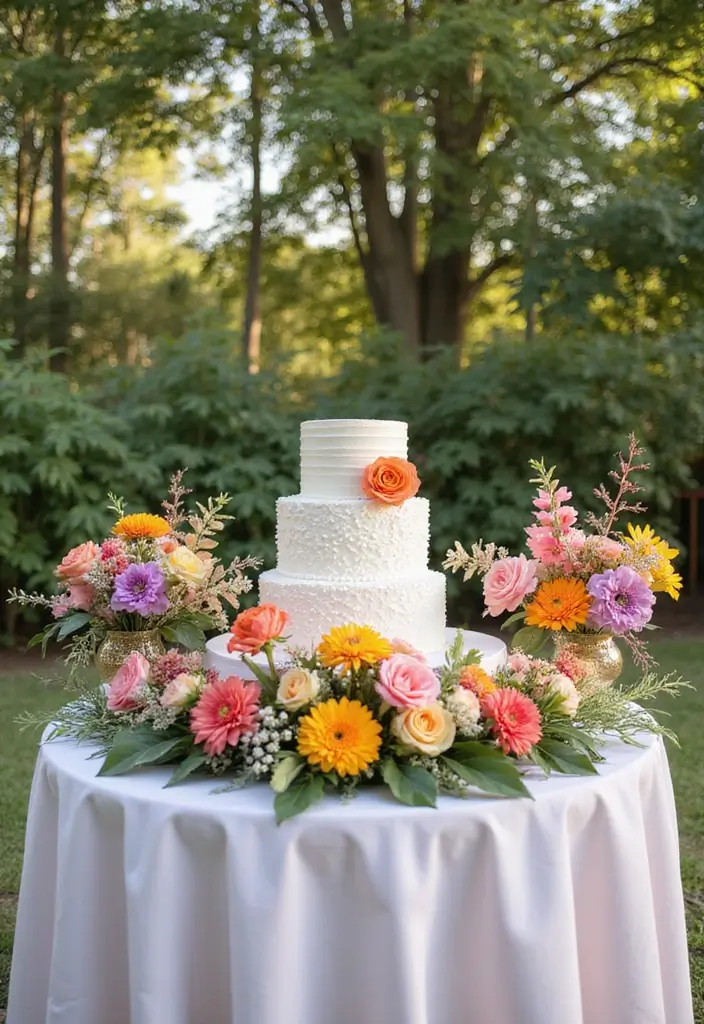30 Wedding Cake Table Decorations That Make a Statement 8 30 Wedding Cake Table Decorations That Make a Statement - 8. Colorful Floral Arrangements