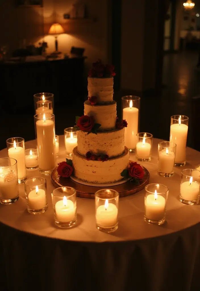 30 Wedding Cake Table Decorations That Make a Statement 9 30 Wedding Cake Table Decorations That Make a Statement - 9. Candlelit Romance