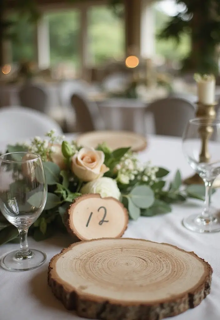 30 Wedding Decor Ideas to Wow Your Guests Instantly - 20. Wood Slice Table Numbers