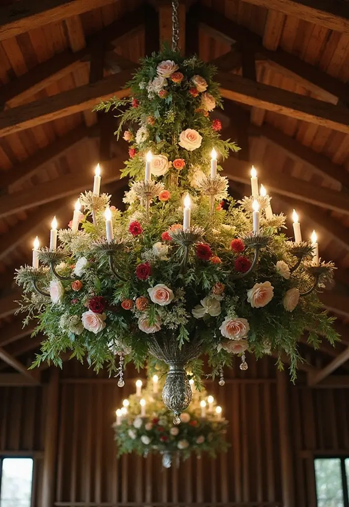 30 Wedding Flower Arrangements That Add Romance to Every Corner - 11. Intricate Floral Chandeliers