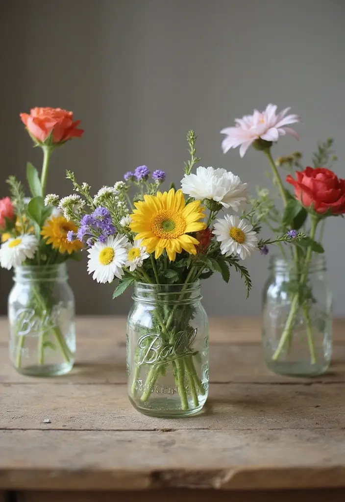 30 Wedding Flower Arrangements That Add Romance to Every Corner - 12. Rustic Mason Jar Bouquets