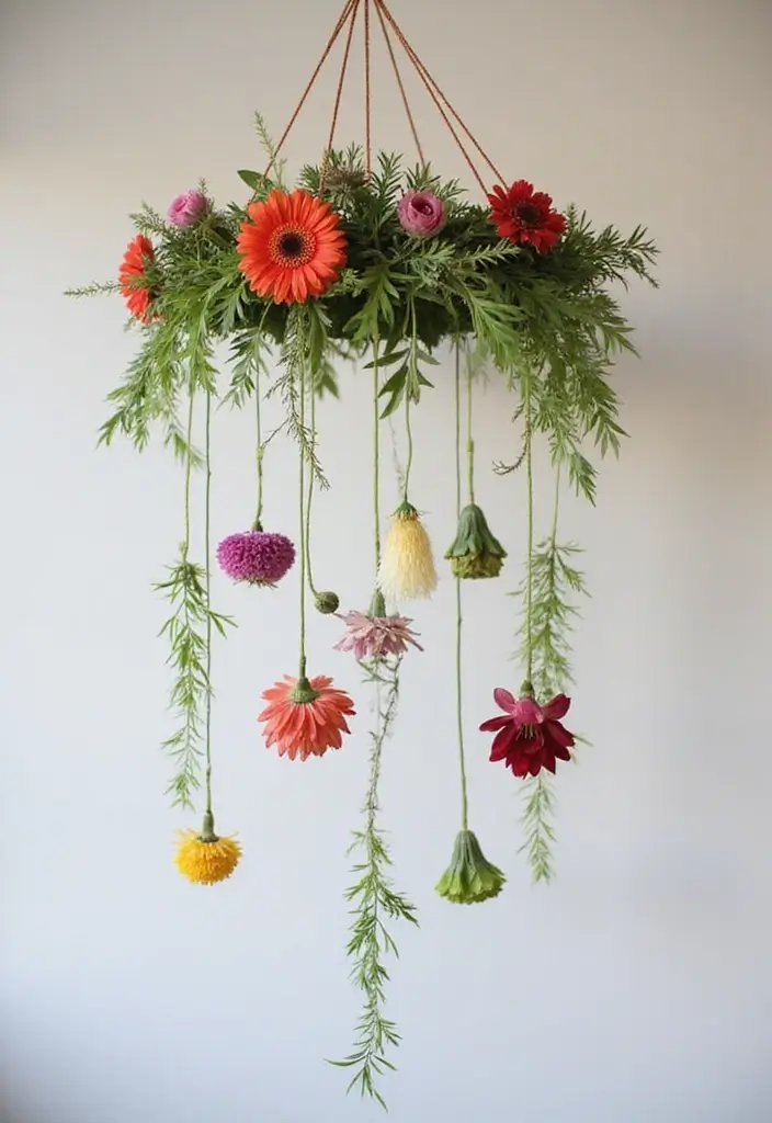 30 Wedding Flower Arrangements That Add Romance to Every Corner - 21. Handcrafted Floral Mobile