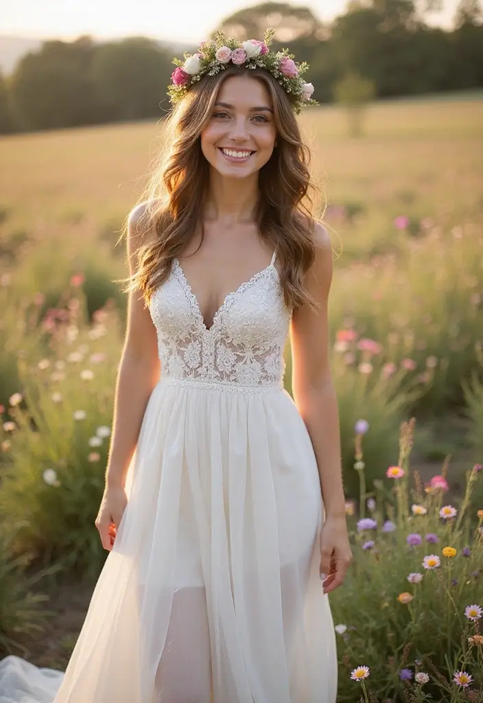 30 Wedding Hair Down Styles That Feel Natural and Beautiful - 24. Loose Waves with a Flower Crown