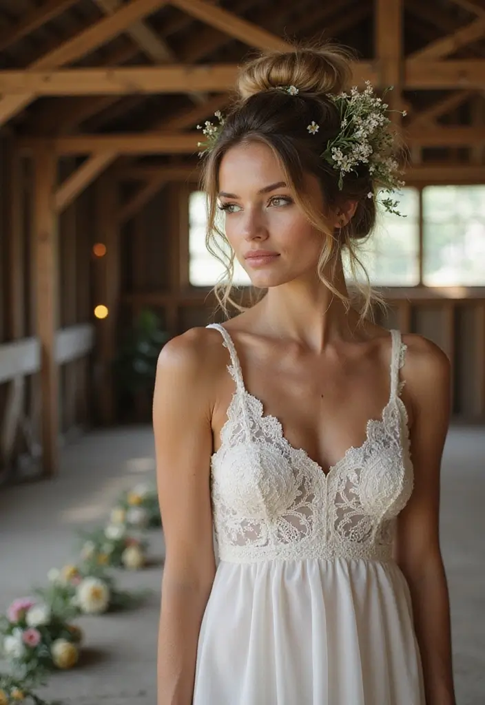 30 Wedding Hair Down Styles That Feel Natural and Beautiful - 6. Messy Bun with Loose Strands