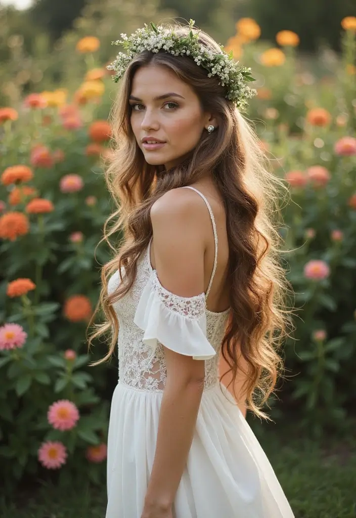 30 Wedding Hair Down Styles That Feel Natural and Beautiful - 8. Floral Accessories with Loose Hair