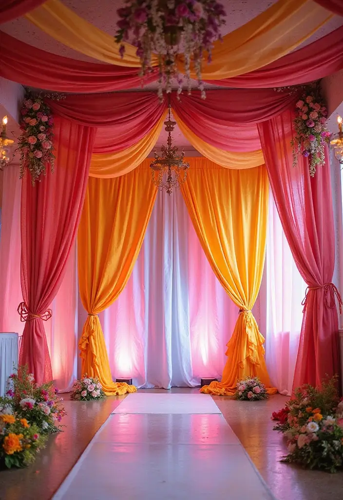 30 Wedding Stage Decorations That Transform Any Venue Into a Fairytale 24 30 Wedding Stage Decorations That Transform Any Venue Into a Fairytale - 24. Colorful Fabric Backdrops