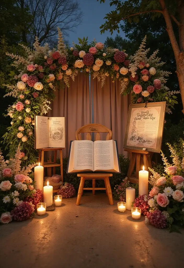 30 Wedding Stage Decorations That Transform Any Venue Into a Fairytale 25 30 Wedding Stage Decorations That Transform Any Venue Into a Fairytale - 25. Fairy Tale Book Displays