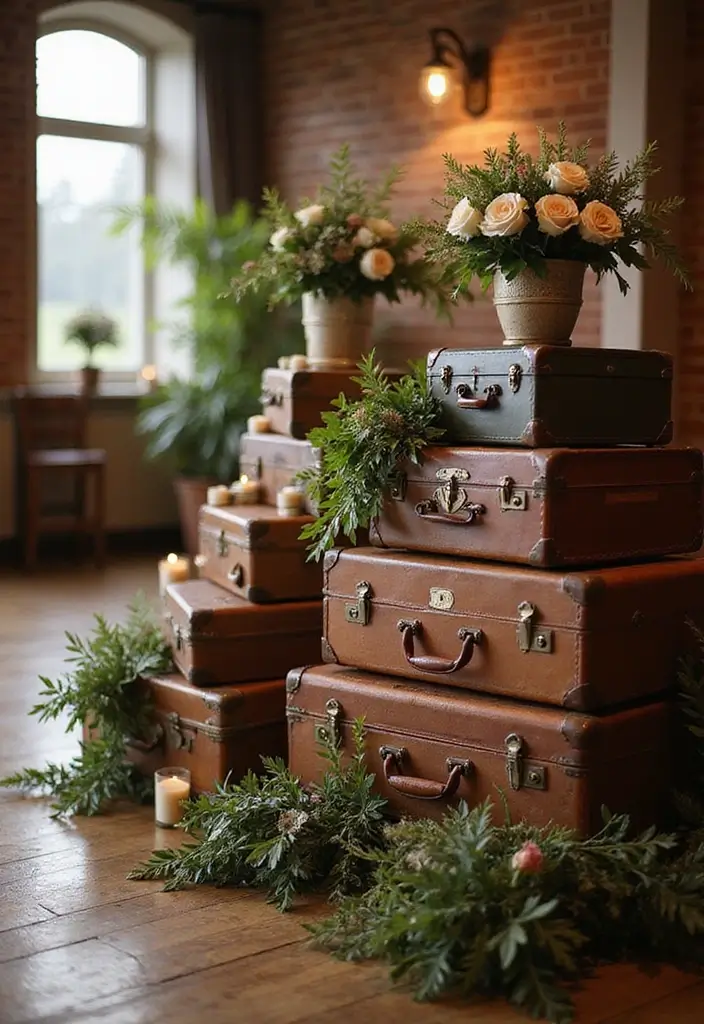 30 Wedding Stage Decorations That Transform Any Venue Into a Fairytale 4 30 Wedding Stage Decorations That Transform Any Venue Into a Fairytale - 4. Vintage Suitcases