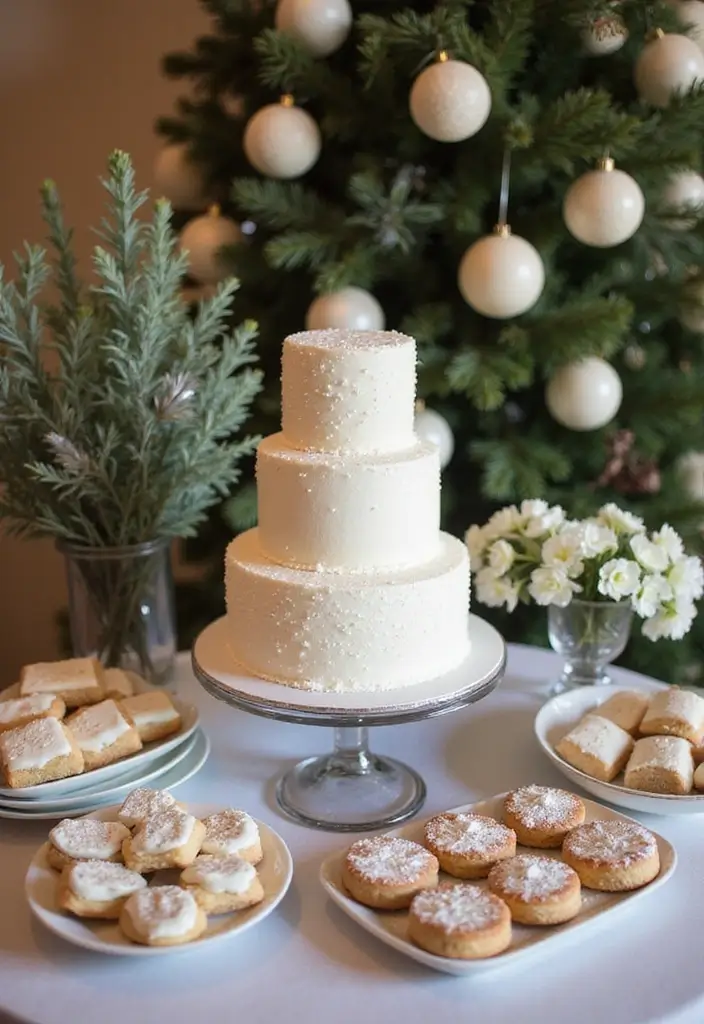 30 Winter Wedding Ideas That Feel Magical and Cozy - 18. Frosted Dessert Displays