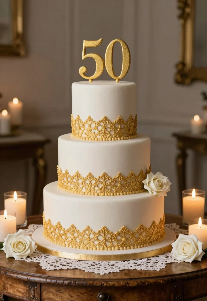 10 50th Anniversary Cake Ideas That Feel Meaningful and Elegant - 1. Elegant White and Gold Fondant Cake 1