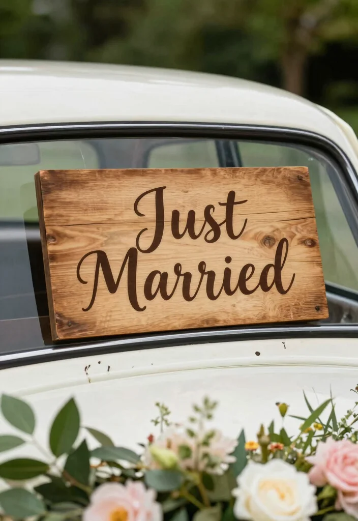 10 Wedding Car Decoration Ideas That Look Elegant in Photos - 3. Chic Vintage Signage 1