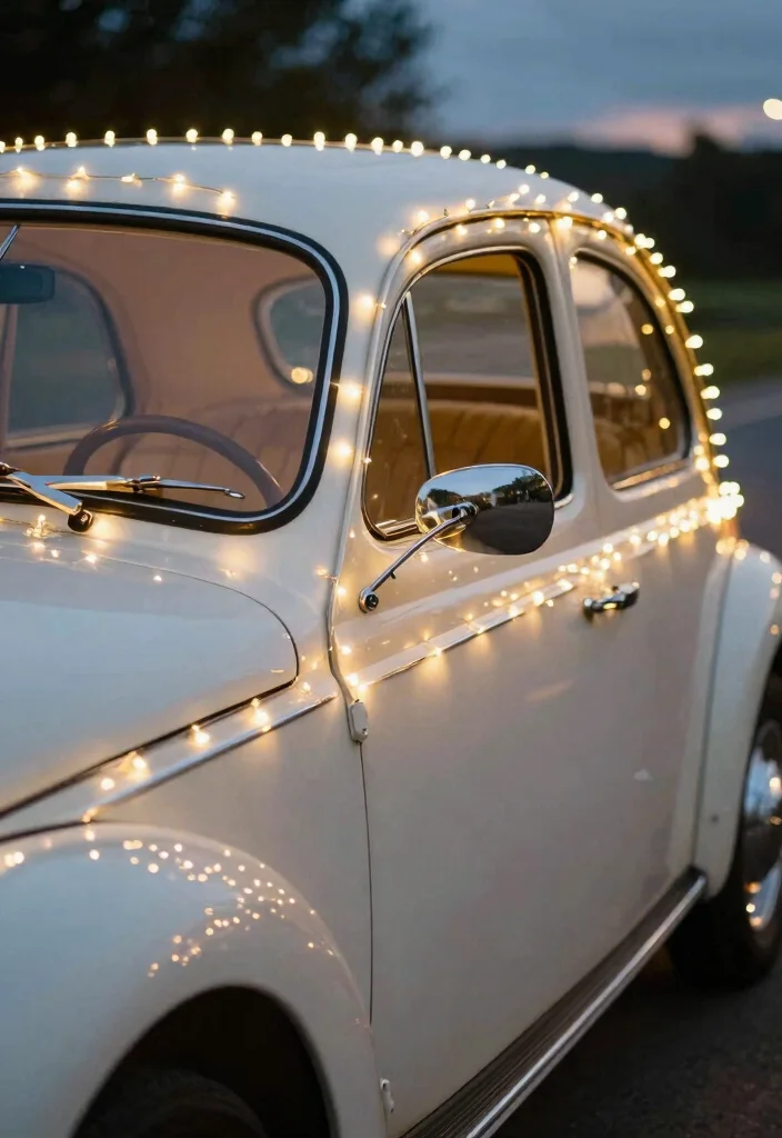 10 Wedding Car Decoration Ideas That Look Elegant in Photos - 6. Sparkling Fairy Lights 1
