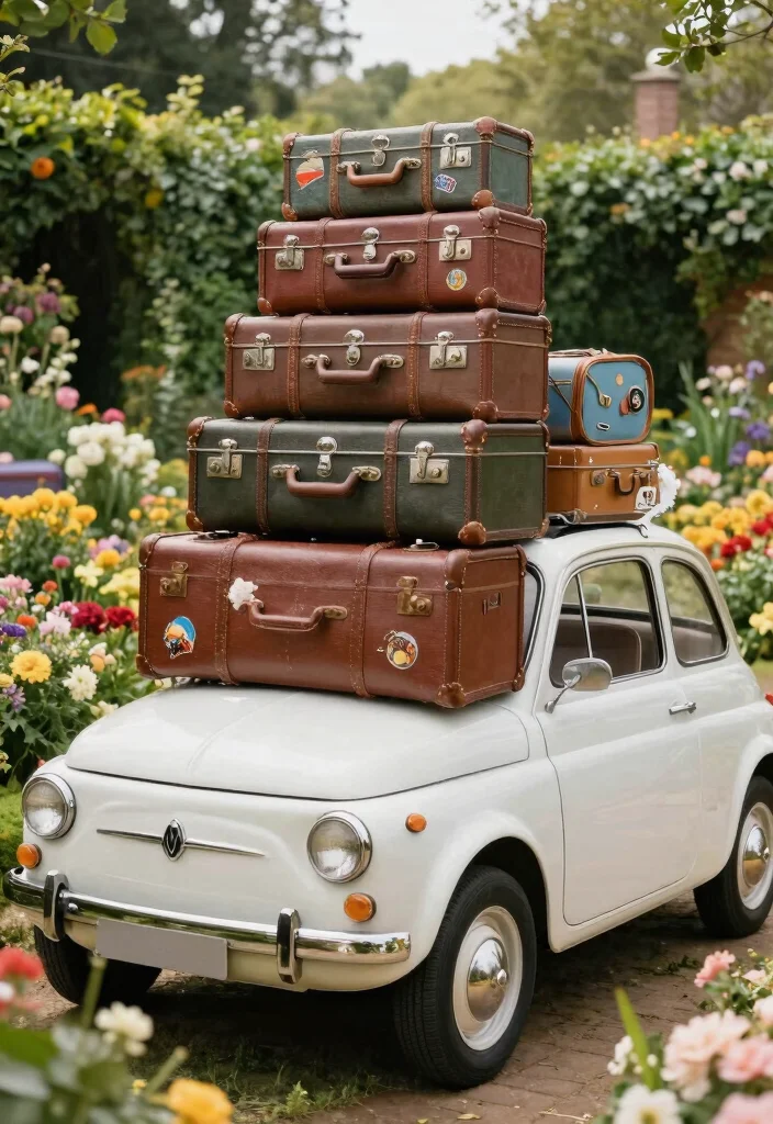 10 Wedding Car Decoration Ideas That Look Elegant in Photos - 7. Vintage Suitcase Decor 1