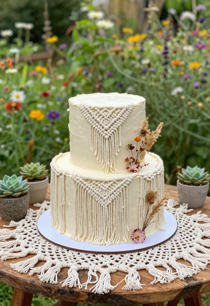 12 Floral Cake Ideas That Work for Birthdays, Weddings, and Showers - 4. Boho Macrame Cake 1