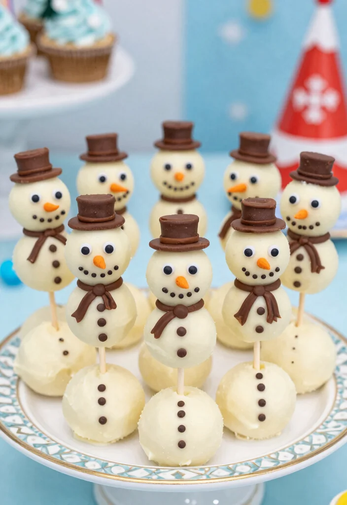 12 Frozen Cake Ideas Kids Will Love for a Themed Birthday Party - 12. Frosted Snowman Cake Pops 1