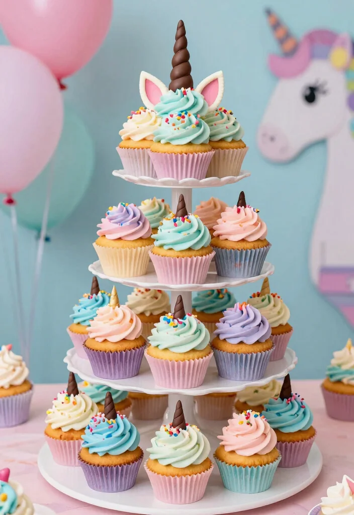 14 Unicorn Cake Ideas That Are Colorful, Magical, and Party Perfect - 3. Unicorn Cupcake Tower 1